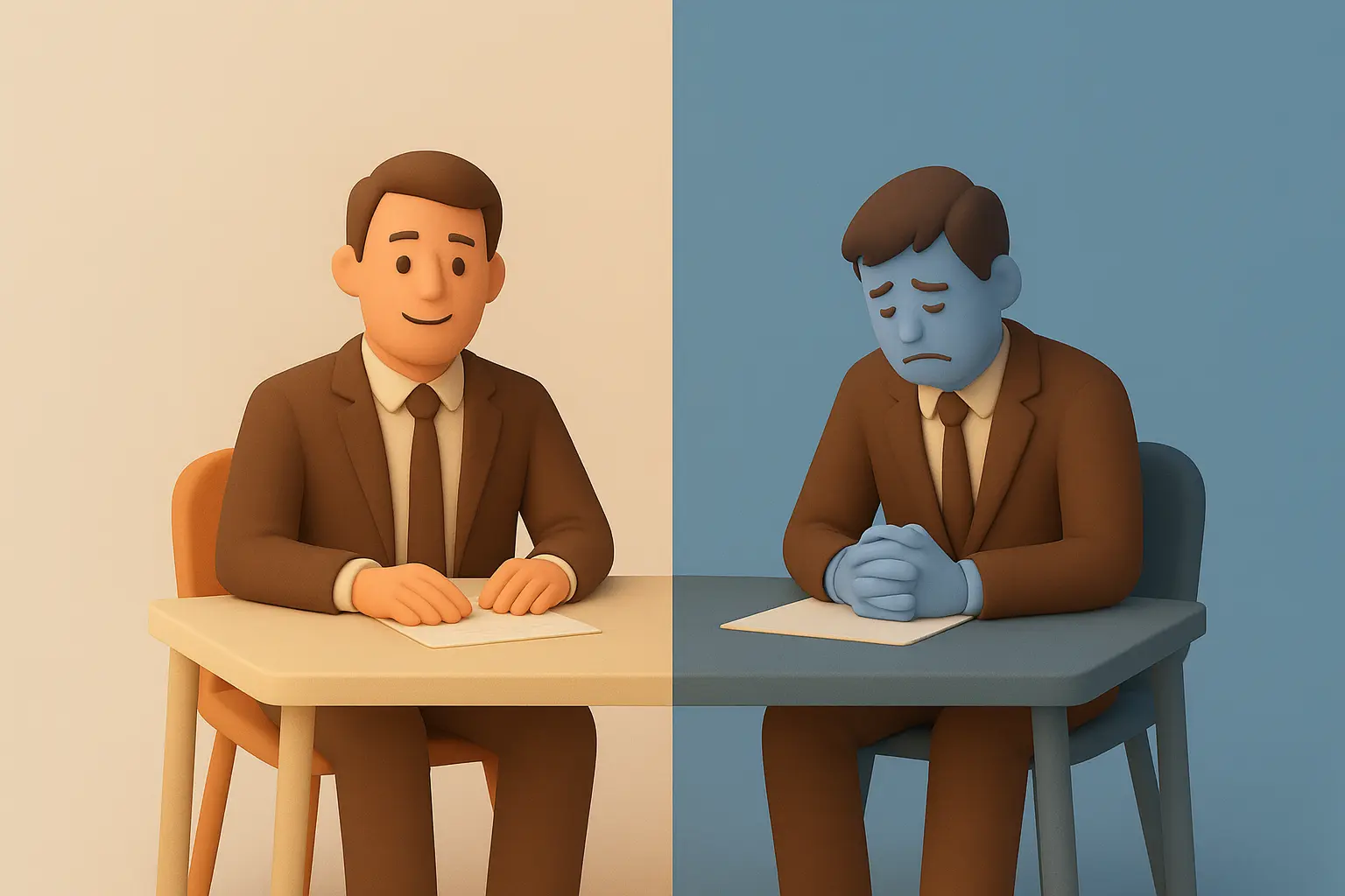3D illustration of a man at a desk split in two halves: left side shows him smiling in warm colors; right side shows him sad in cool tones—symbolizing how mindset influences law firm sales outcomes