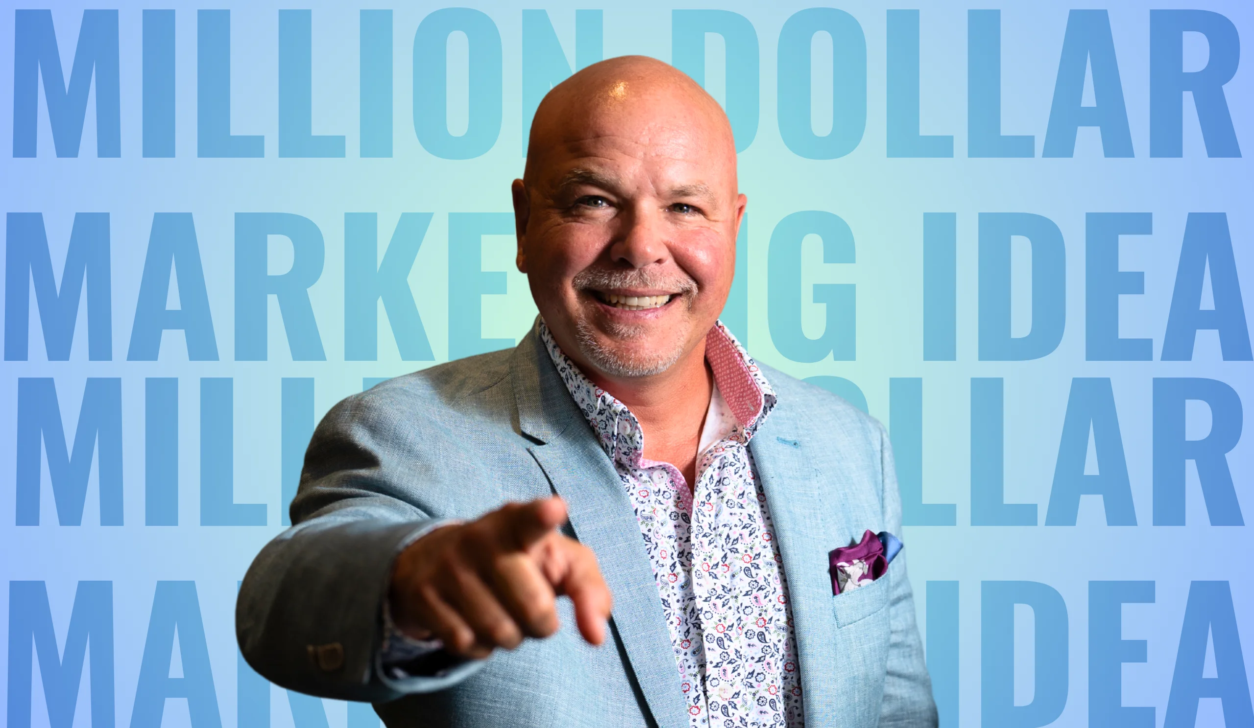 person in light blue blazer pointing at camera with ‘Million Dollar Marketing Idea’ text, illustrating law firm marketing strategies like hiring non-attorney salespeople.