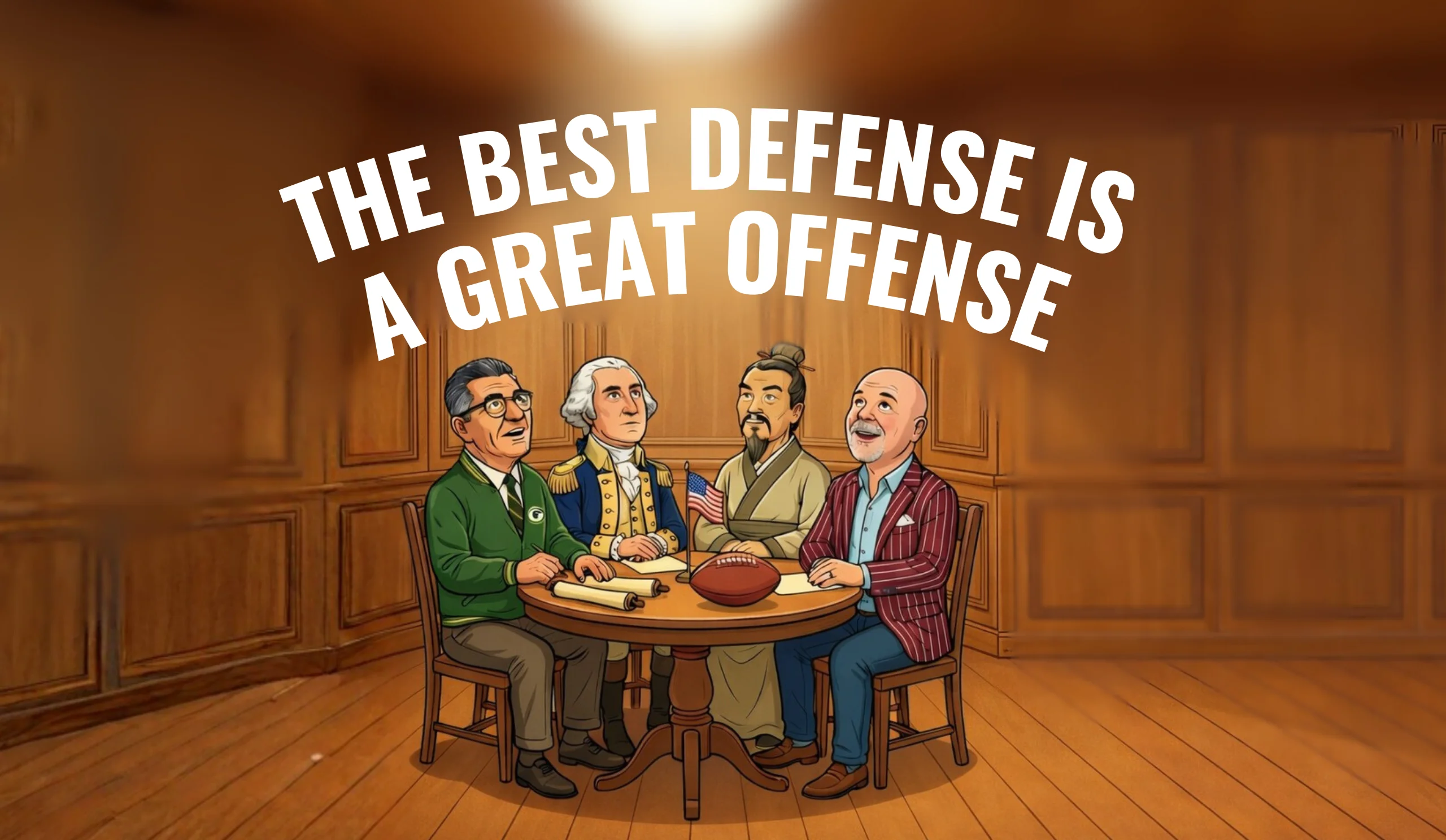 Four cartoon leaders around a round table with a football under the phrase ‘The Best Defense Is a Great Offense,’ illustrating strategic offense-first thinking in business and leadership.