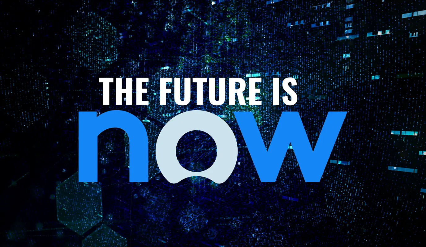 “The Future Is Now” headline over a blue digital data network background representing technology, growth, and modern systems supporting law firm intake quality and performance.