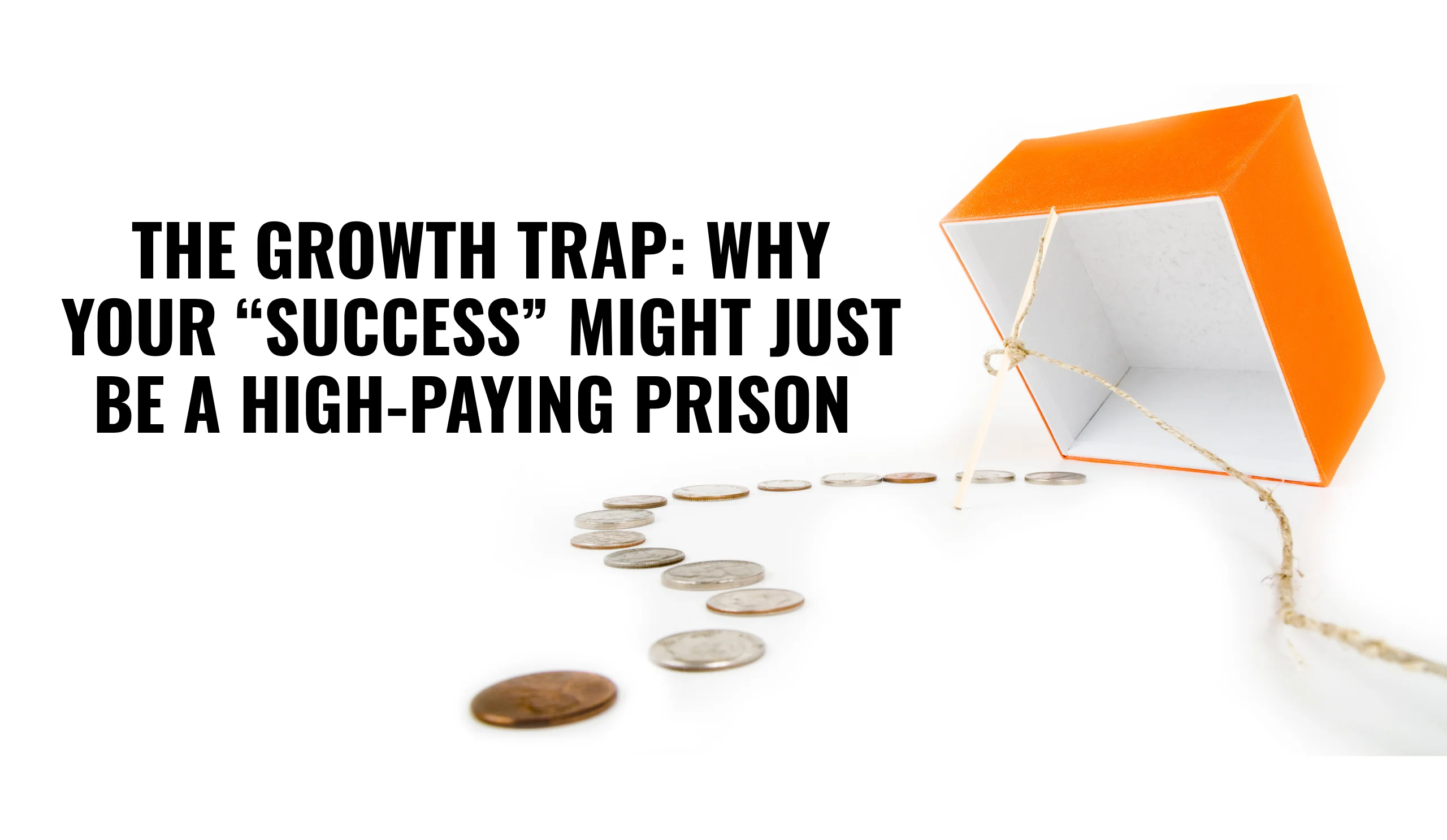 Graphic titled ‘The Growth Trap: Why Your “Success” Might Just Be a High‑Paying Prison,’ showing a trail of coins leading into an orange box trap, symbolizing how chasing wealth and success without strategic balance can entrap business owners.