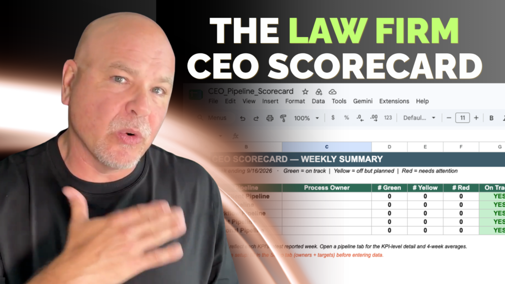 Richard James gestures beside a spreadsheet graphic titled “The Law Firm CEO Scorecard,” with a green weekly summary table behind him.