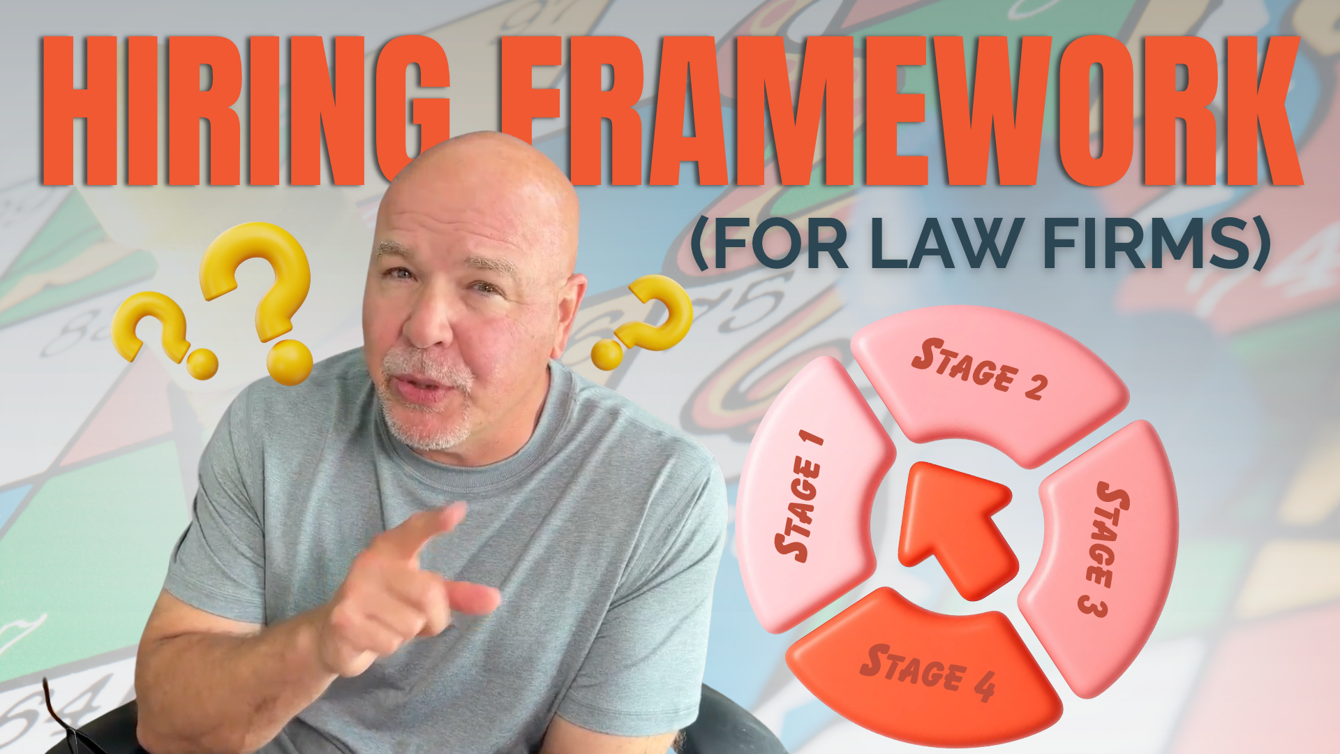 Richard James points toward a four-stage hiring framework for law firms, shown in a red circular diagram with question marks; informative, approachable tone.